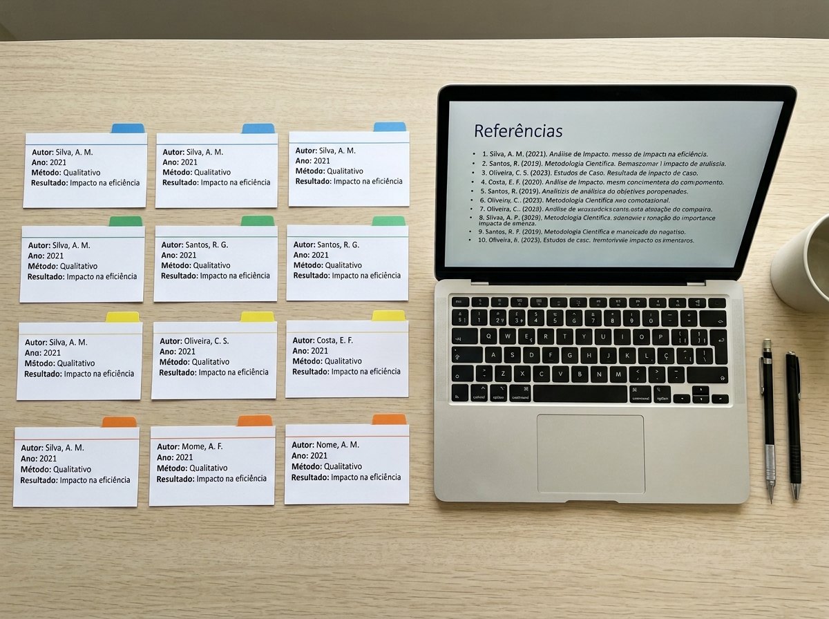 Fichas de leitura organizadas em fileiras ao lado de notebook com lista de referencias
