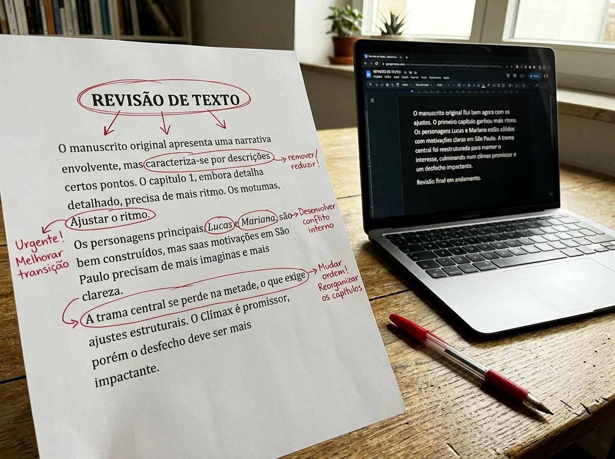 Folha impressa com trechos circulados em vermelho ao lado de notebook com versao revisada
