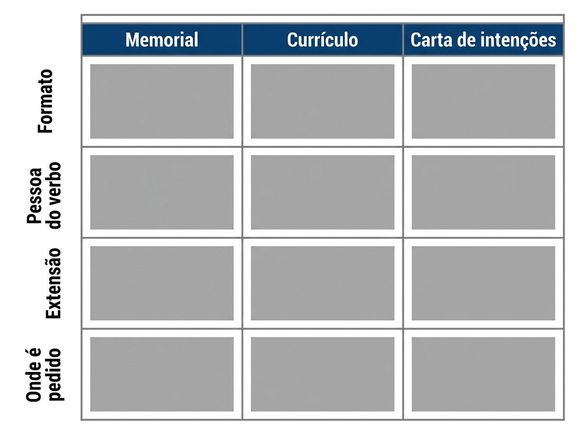 Tabela comparando memorial descritivo academico, curriculo e carta de intencoes