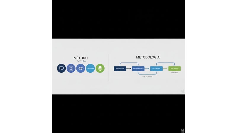 Infográfico mostrando a diferença visual entre Método (ferramenta específica como entrevista, questionário, análise documental) e Metodologia (caminho científico completo que engloba tipo de pesquisa, população, coleta e análise)