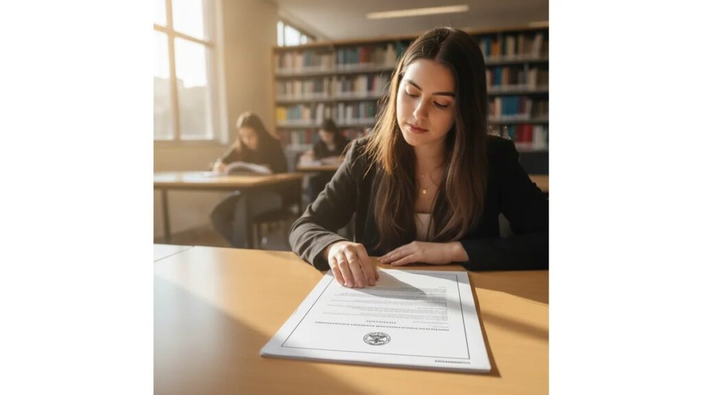 Estudante universitária revisando modelo de relatório de estágio formatado segundo normas ABNT em biblioteca moderna