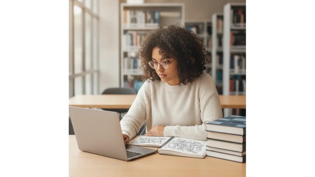 Estudante universitária formatando Modelo TCC ABNT no laptop com livros e caderno ao lado, em biblioteca moderna