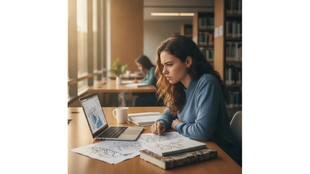 Estudante universitária organizando modelo de TCC Pronto em biblioteca moderna com laptop e materiais acadêmicos