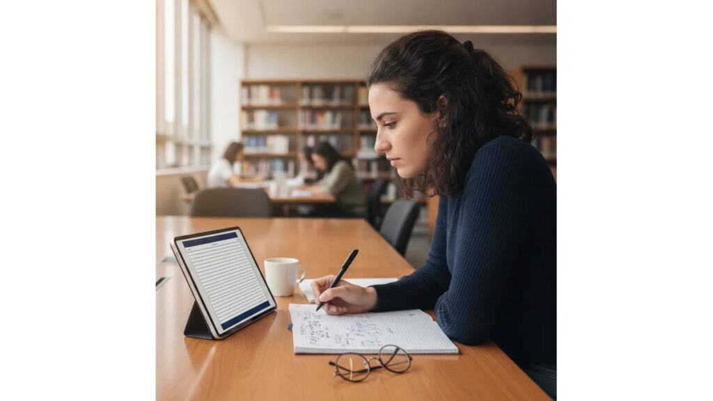 Estudante universitária revisando Modelo de Trabalho Acadêmico bem formatado em ABNT sobre mesa de madeira, com notebook e caneta, em ambiente de biblioteca moderna