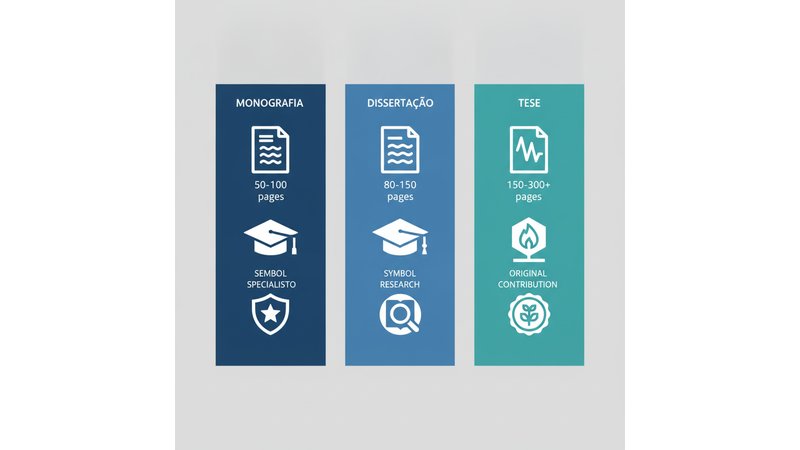 Comparação visual lado a lado de monografia vs dissertação vs tese, mostrando diferenças em tamanho, profundidade e originalidade