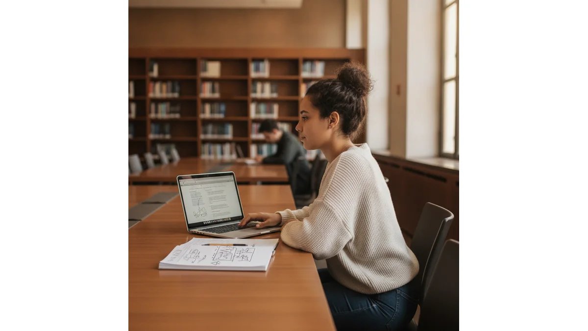 Estudante de Pedagogia em biblioteca escrevendo monografia, com sobreposição de texto Monografia Educação Infantil: Guia Completo