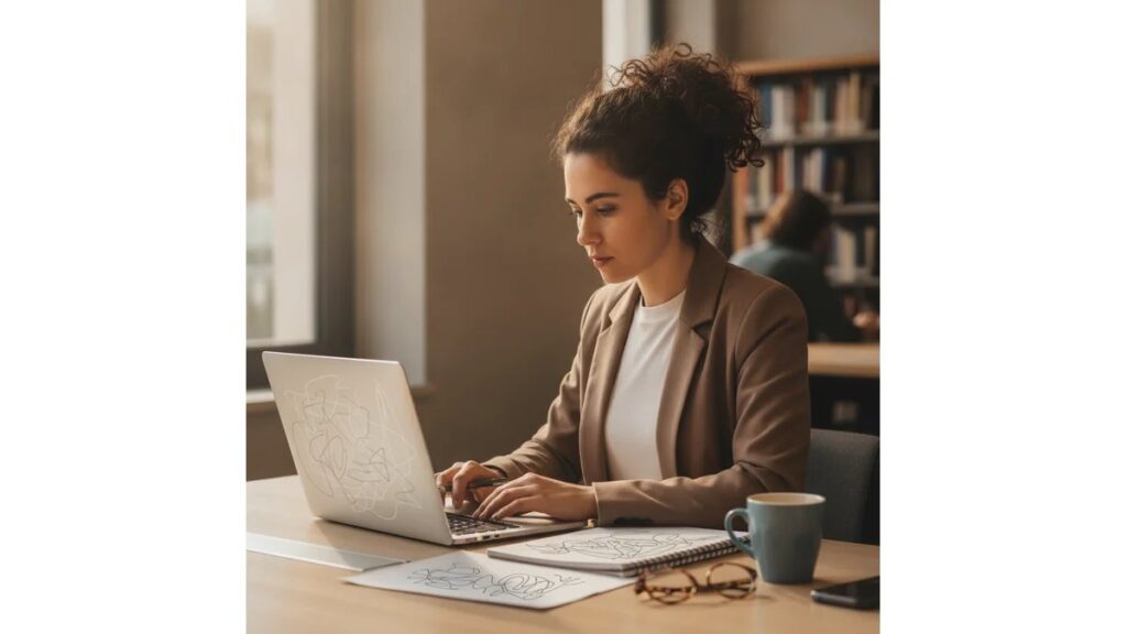 Estudante universitária fazendo monografia em inglês com laptop, anotações e checklist em ambiente acadêmico