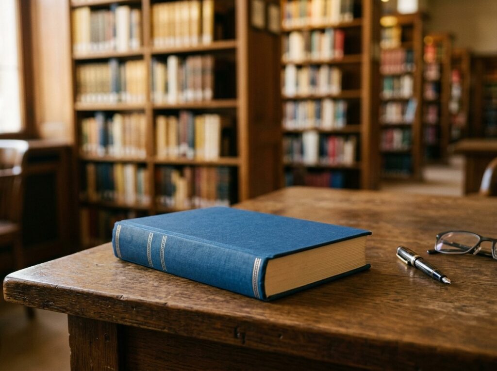 Monografia pronta encadernada sobre mesa de biblioteca