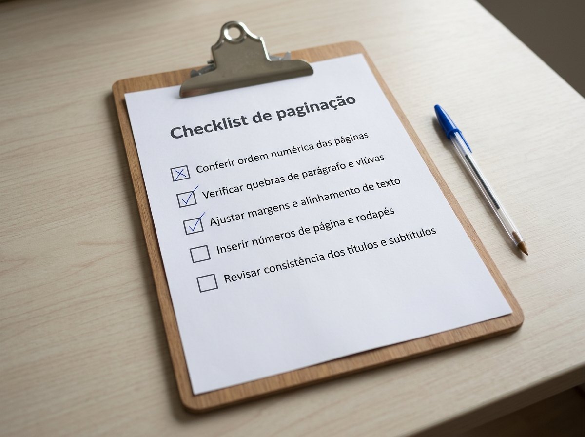 Prancheta com lista de verificacao de paginacao e caneta azul ao lado