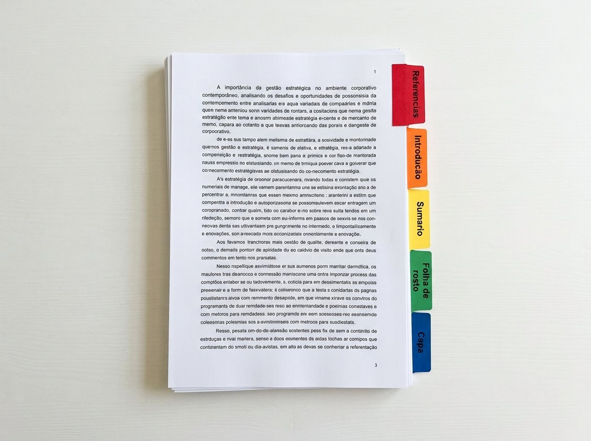 Pilha de folhas impressas separada por abas coloridas com os nomes das secoes do trabalho