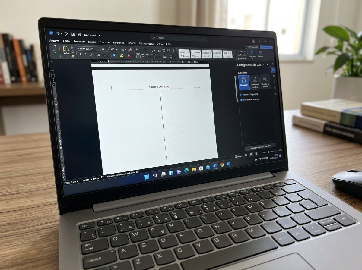 Tela de notebook com editor de texto mostrando painel de cabecalho e marca de quebra de secao