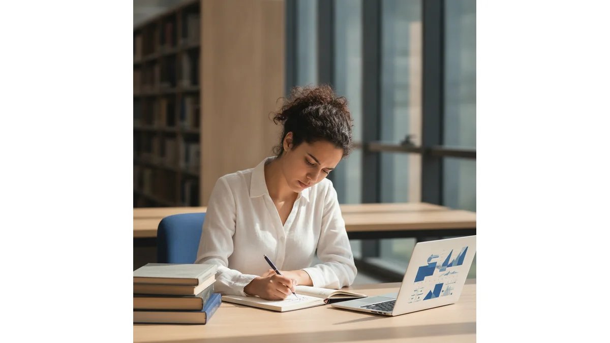 Estudante universitário concentrado escrevendo em laptop em biblioteca moderna, com livros e cadernos ao redor, ambiente acadêmico inspirador e organizado | Alt text: "Estudante fazendo dissertação em biblioteca - o que é dissertação e como fazer"