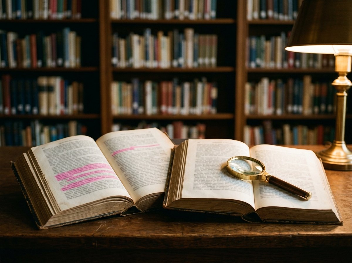 O que é plágio: dois livros abertos com trechos identicos marcados e uma lupa