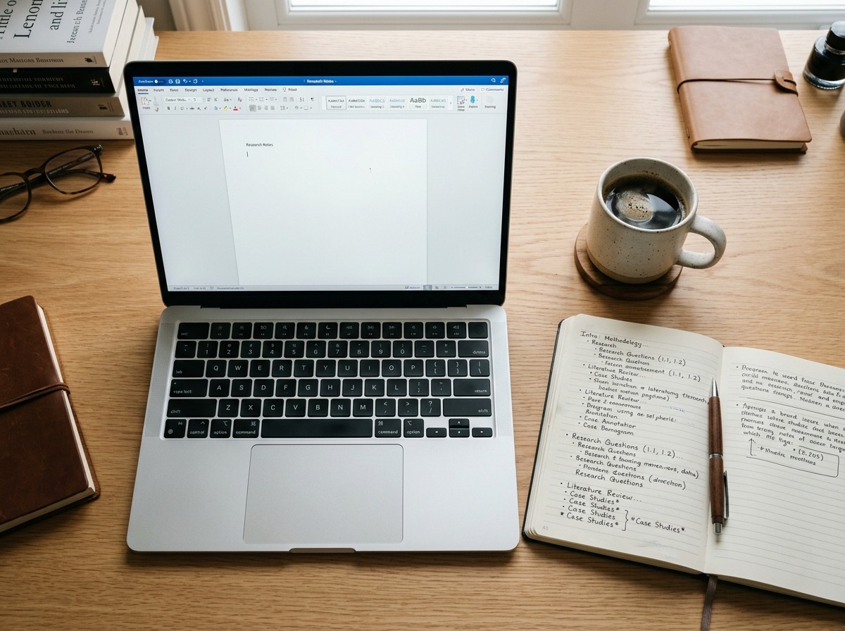 Mesa de estudo com notebook aberto, caderno de anotações e xícara de café