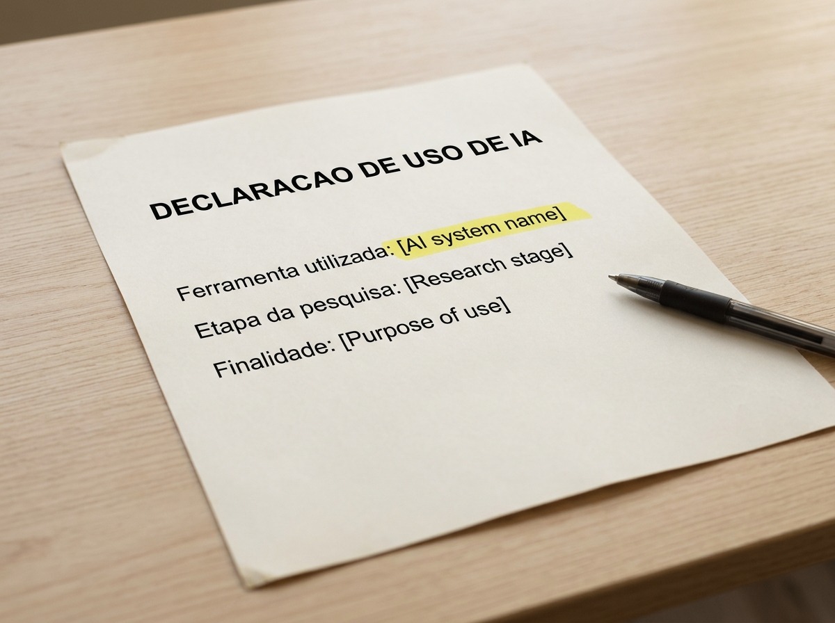 Folha impressa com o título Declaração de Uso de IA e linha destacada em marca-texto