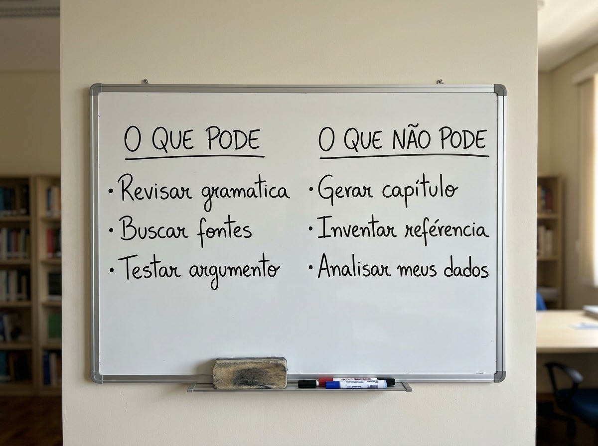 Quadro branco com duas colunas comparando o que pode e o que não pode ao usar IA no TCC