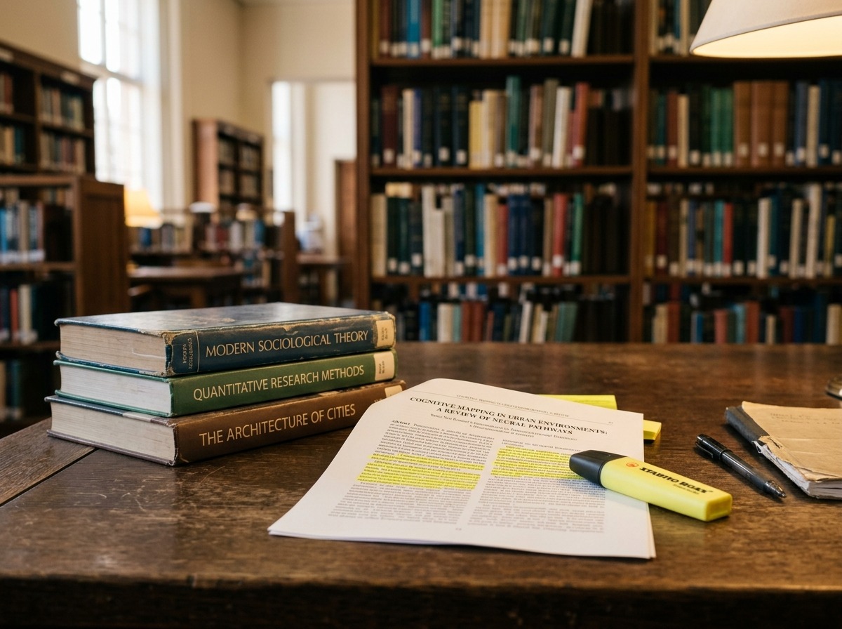Bancada de biblioteca universitária com livros acadêmicos e artigo impresso grifado