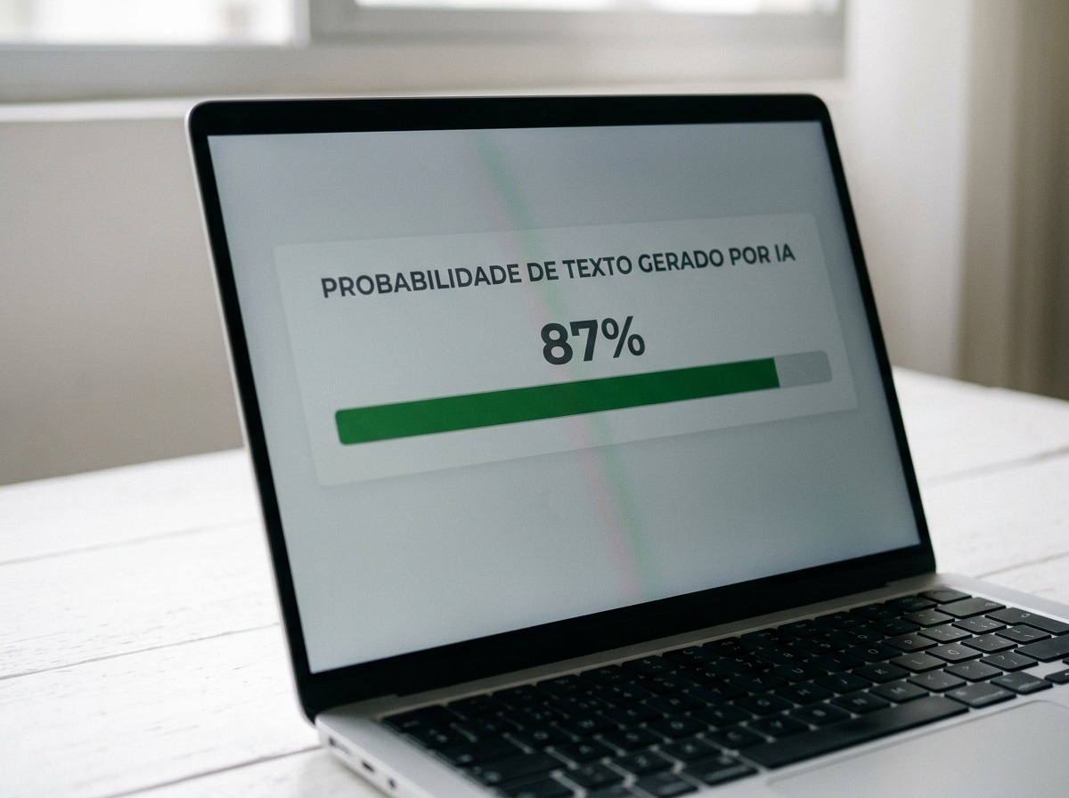 Tela de notebook exibindo relatório com probabilidade de texto gerado por IA