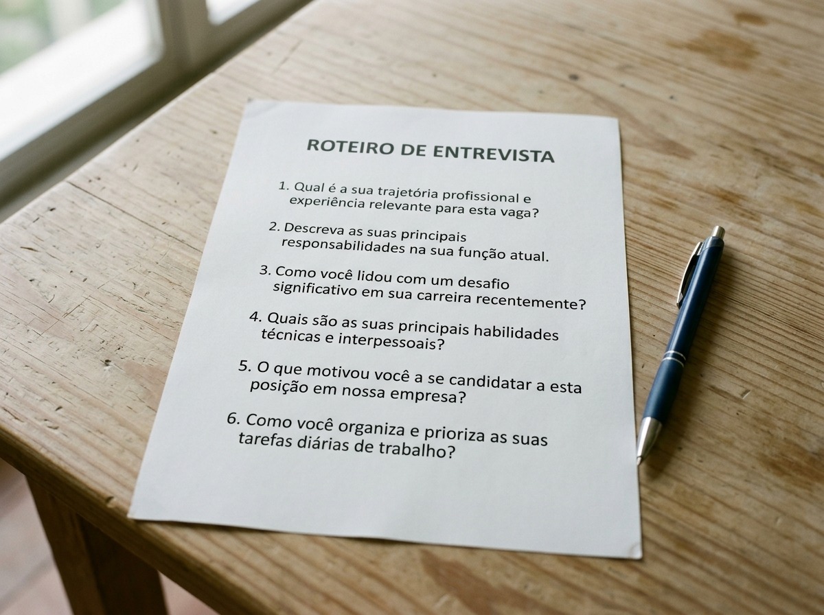 Folha impressa com um roteiro de entrevista de perguntas numeradas