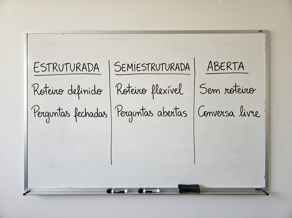 Quadro branco comparando entrevista estruturada, semiestruturada e aberta