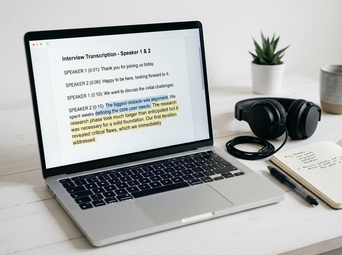 Tela de notebook com uma transcrição de entrevista e trechos destacados