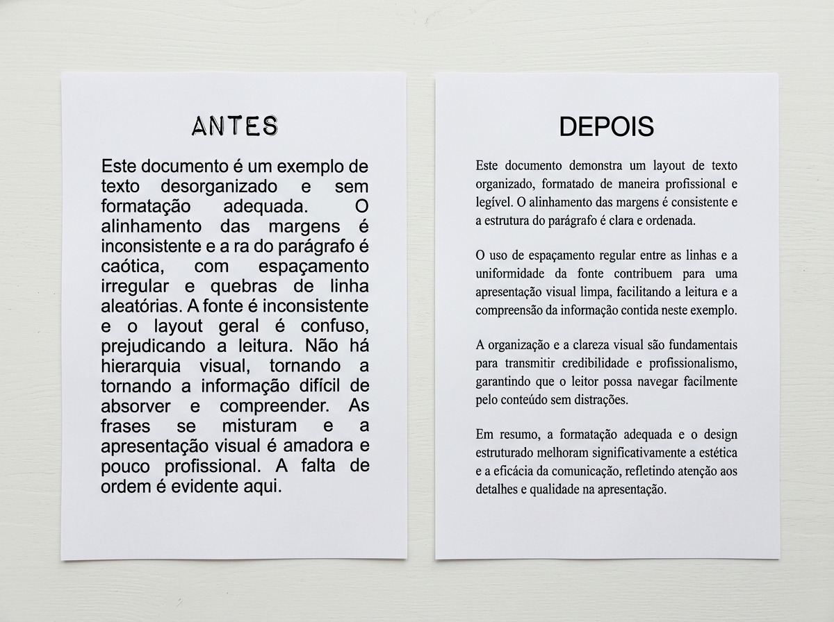 Duas folhas impressas lado a lado comparando um texto desalinhado e um texto formatado