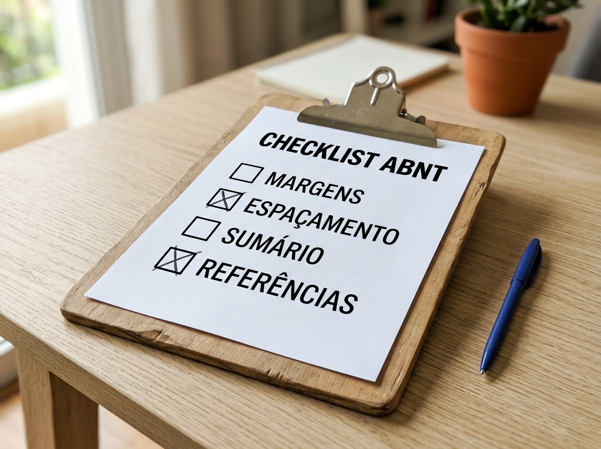 Prancheta com checklist ABNT listando margens, espaçamento, sumário e referências