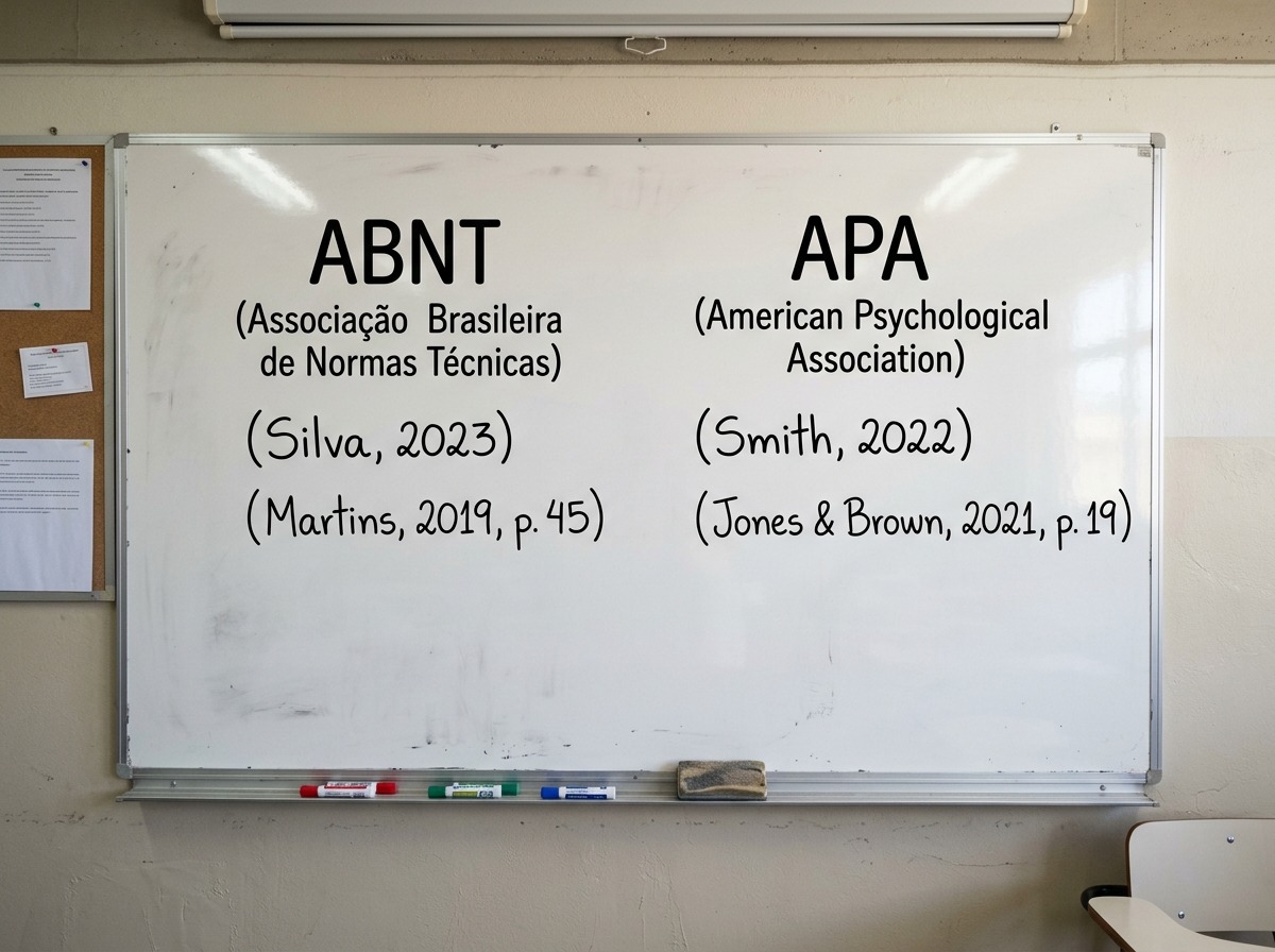 Quadro branco comparando exemplos de citação em ABNT e em APA
