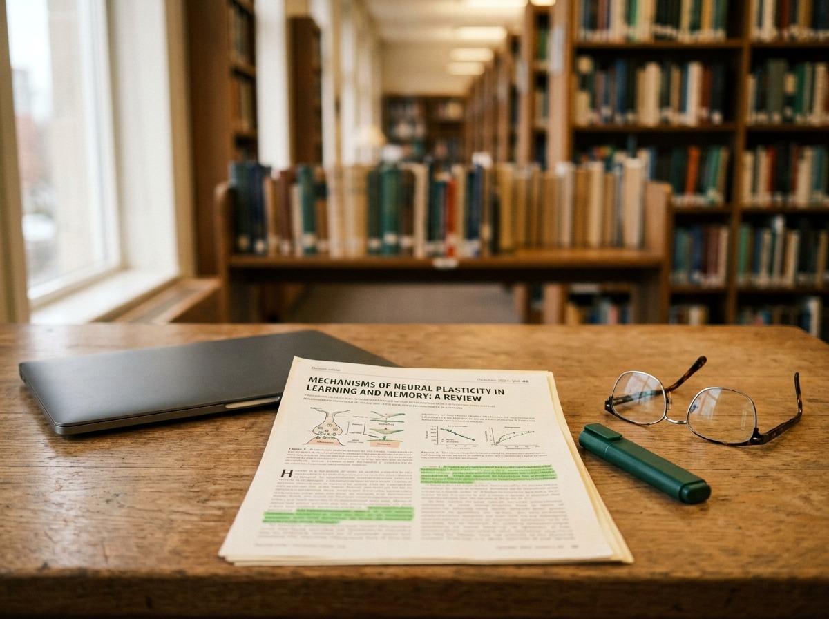 Bancada de estudo com artigo científico impresso, marca-texto e óculos de leitura
