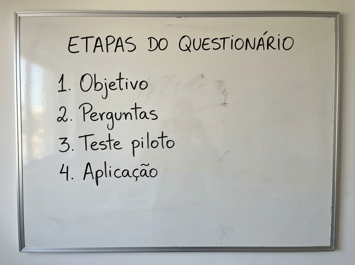 Quadro branco com as quatro etapas de construção de um questionário