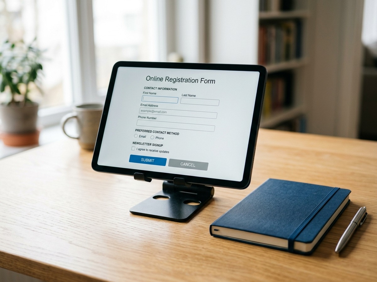 Tablet exibindo um formulário de pesquisa online com campos e botões de opção