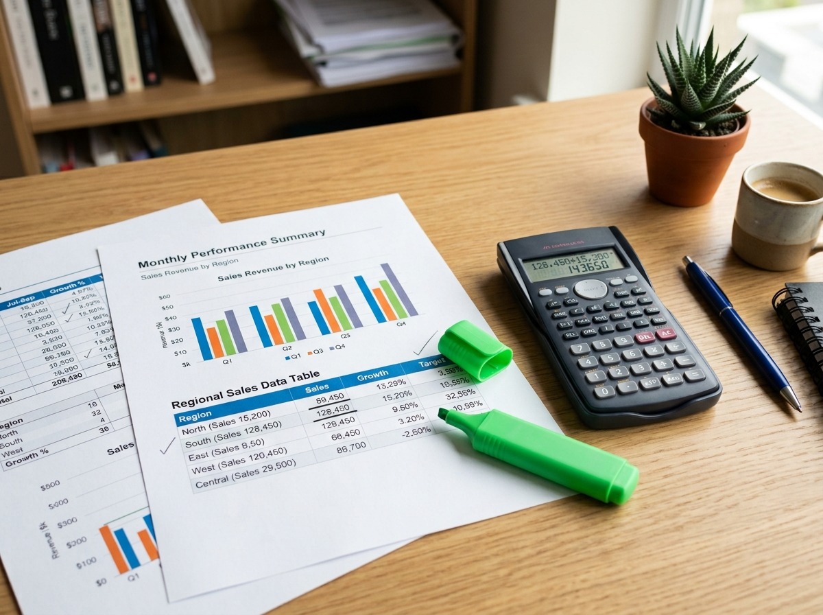 Mesa com folhas de gráficos e tabelas de dados grifadas e uma calculadora