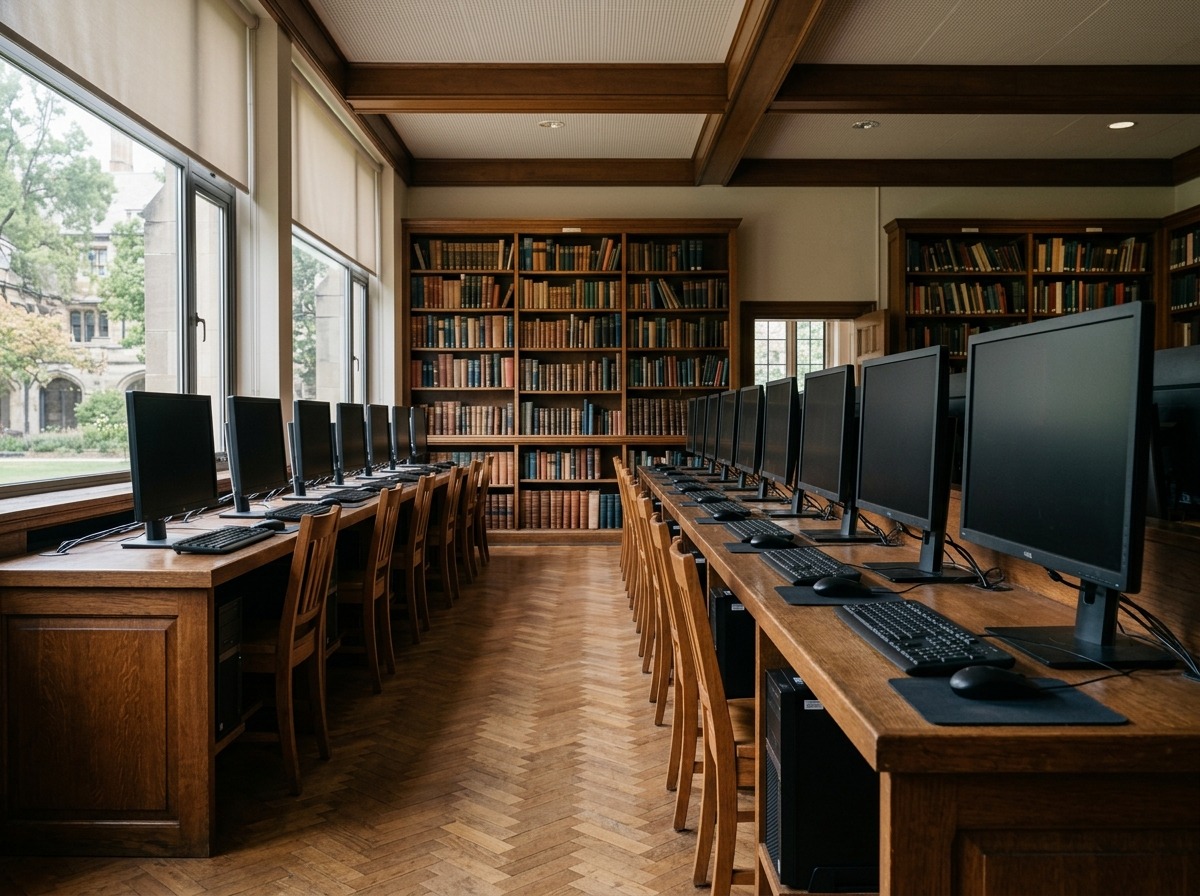 Sala de biblioteca universitária com computadores e estantes de livros ao fundo