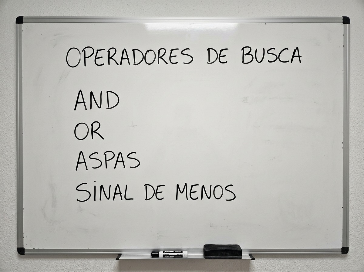 Quadro branco listando os operadores de busca AND, OR, aspas e sinal de menos