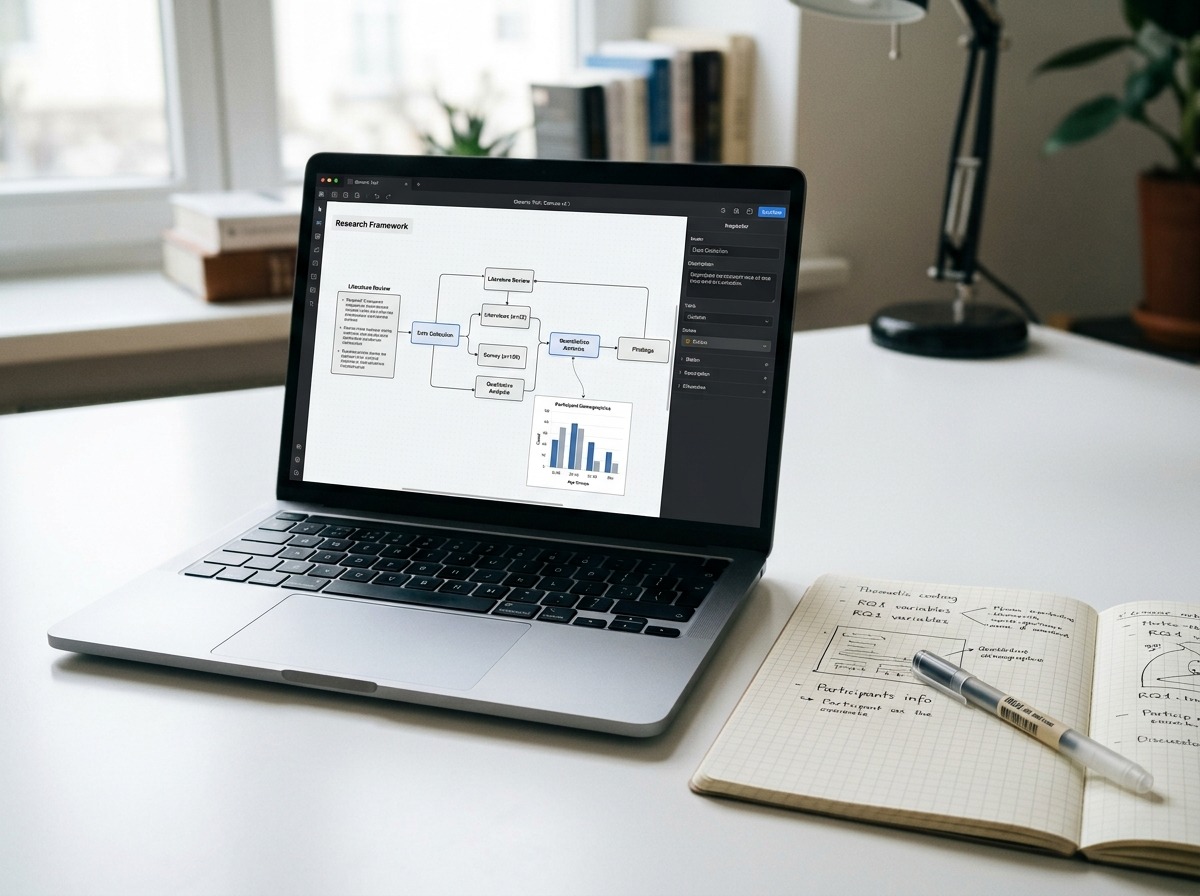 Tela de notebook com o layout de um pôster acadêmico em edição