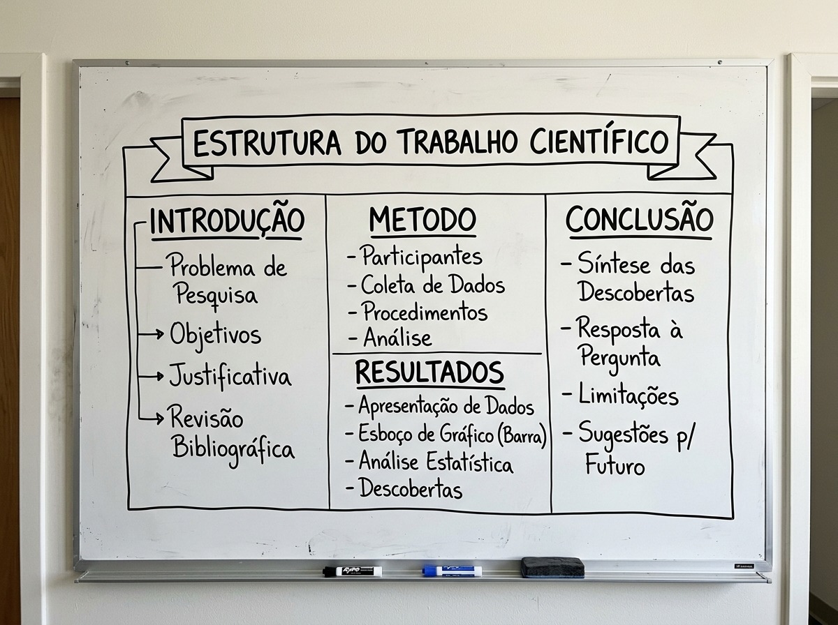 Quadro branco com o esboço de diagramação de um pôster dividido em colunas