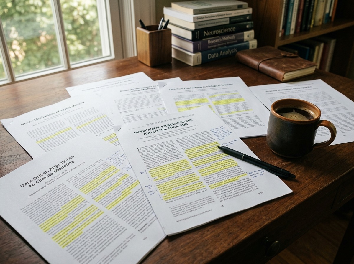 Mesa de estudo com artigos científicos impressos e trechos grifados