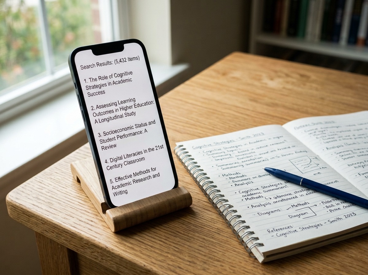 Celular exibindo uma lista de resultados de busca acadêmica ao lado de um caderno