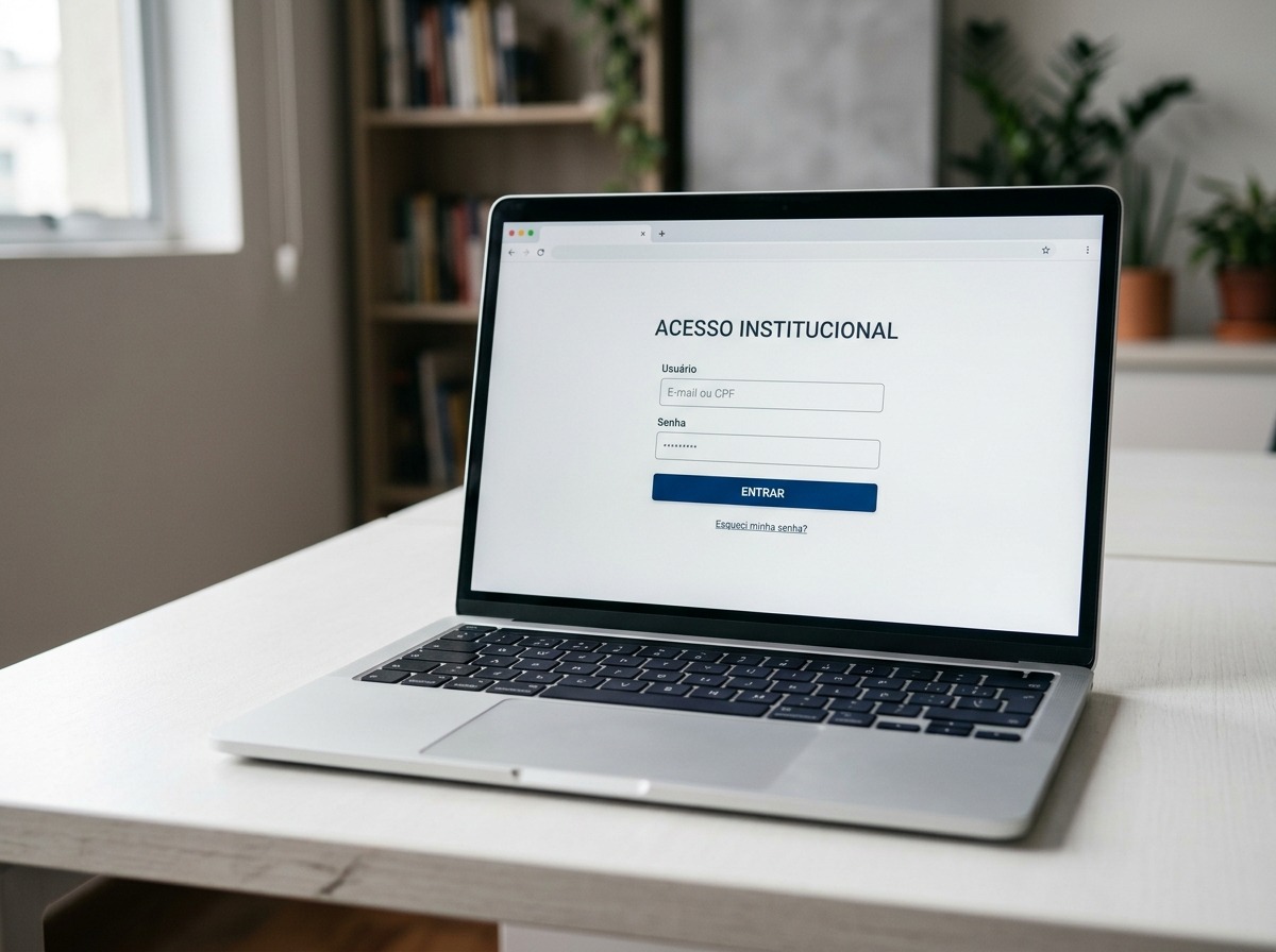 Tela de notebook mostrando uma página de entrada com credenciais da instituição