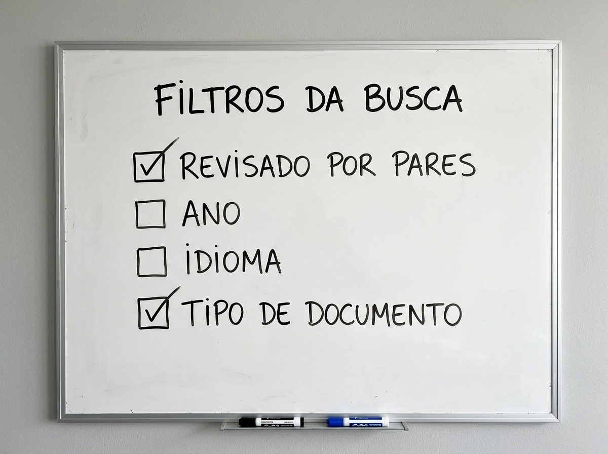 Quadro branco listando os filtros de busca revisado por pares, ano, idioma e tipo