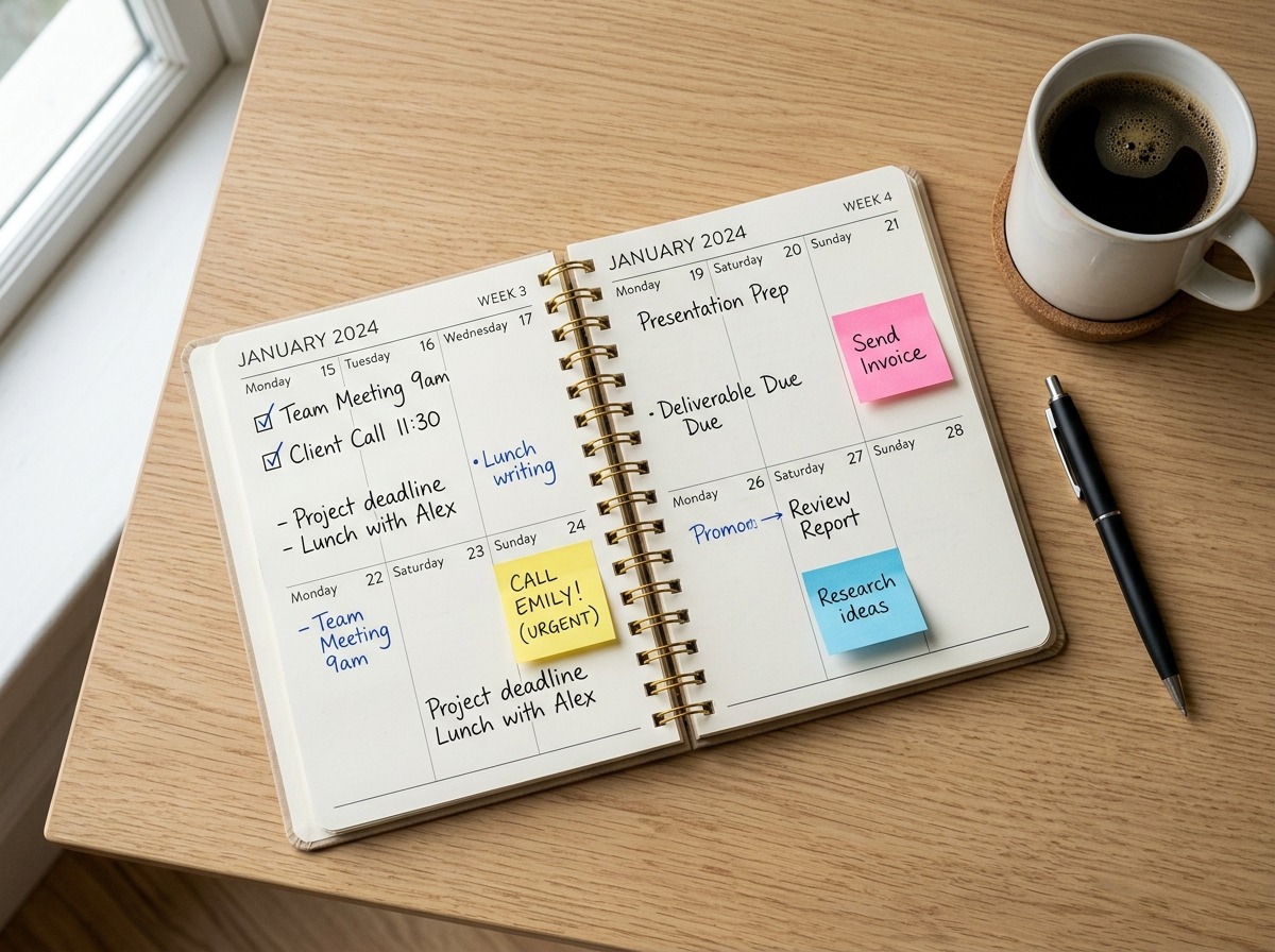 Agenda de mesa aberta com datas marcadas e papéis adesivos coloridos