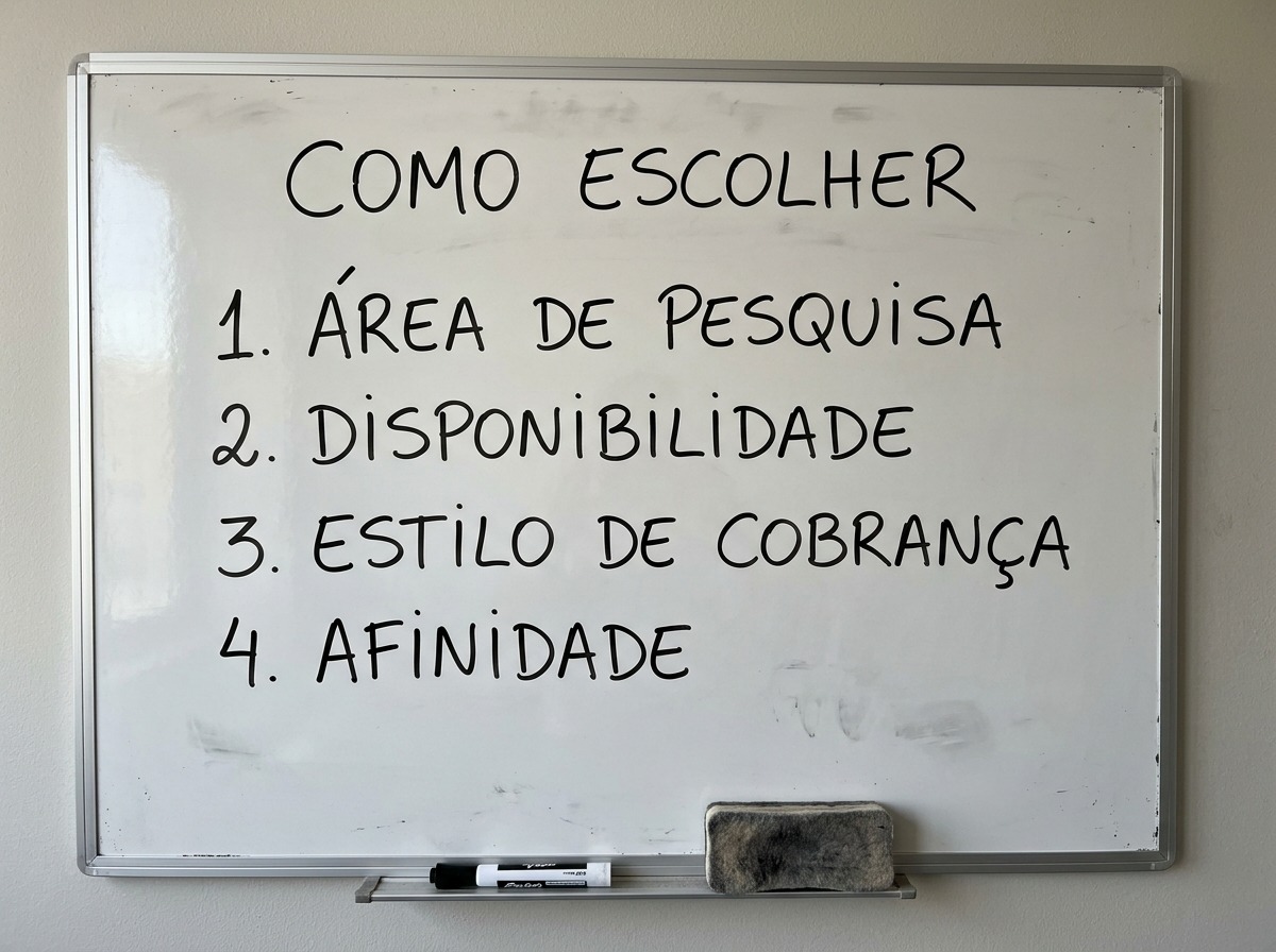Quadro branco listando critérios de escolha do orientador