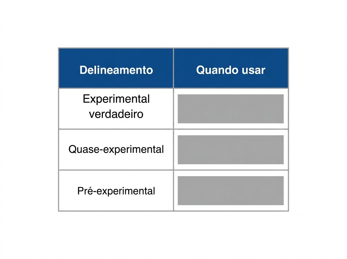 Tabela comparando pesquisa experimental e quase experimental e pre-experimental