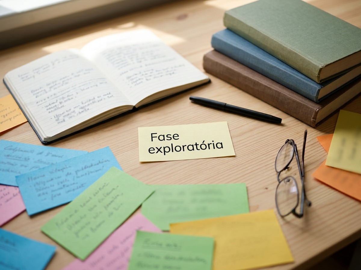 Ficha de papel escrita fase exploratória sobre mesa de estudo com livros e caderno
