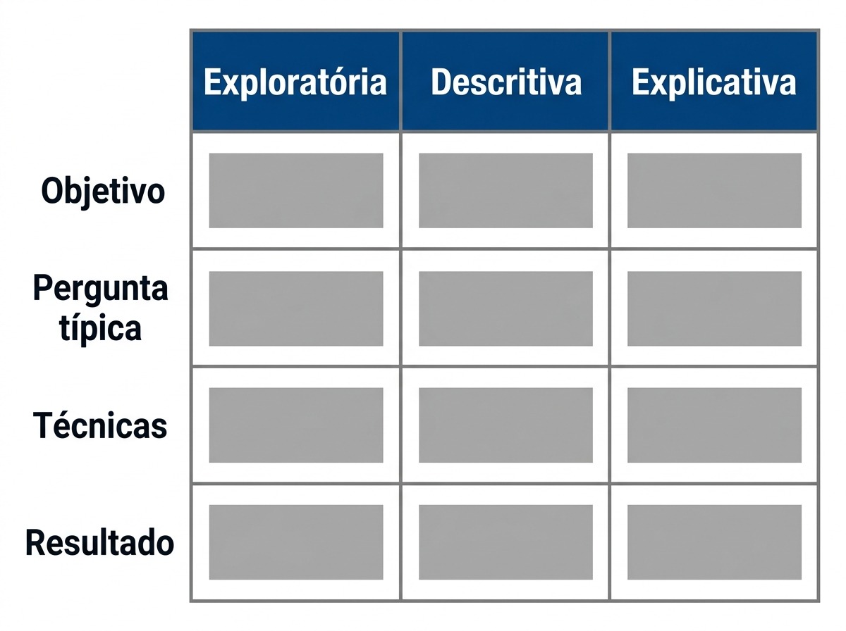 Tabela comparativa entre pesquisa exploratória, descritiva e explicativa por objetivo, pergunta, técnicas e resultado