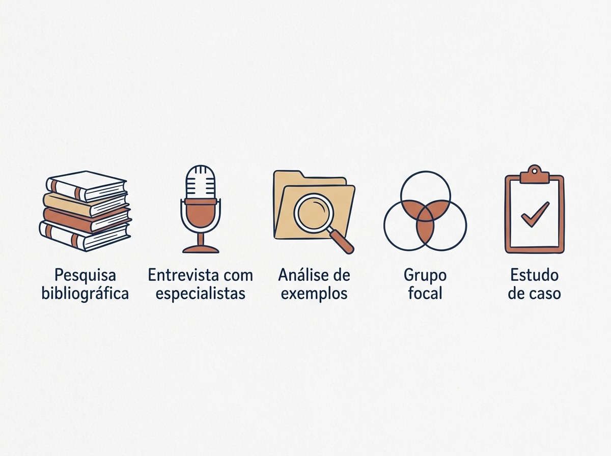 Ícones das técnicas da pesquisa exploratória: pesquisa bibliográfica, entrevista com especialistas, análise de exemplos, grupo focal e estudo de caso