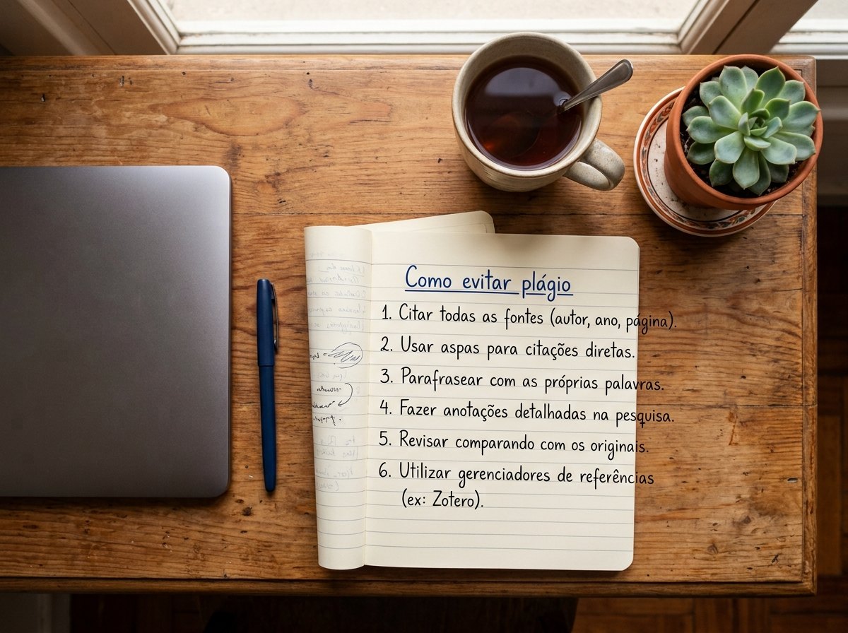 Caderno aberto com lista manuscrita intitulada Como evitar plagio ao lado de notebook e caneca