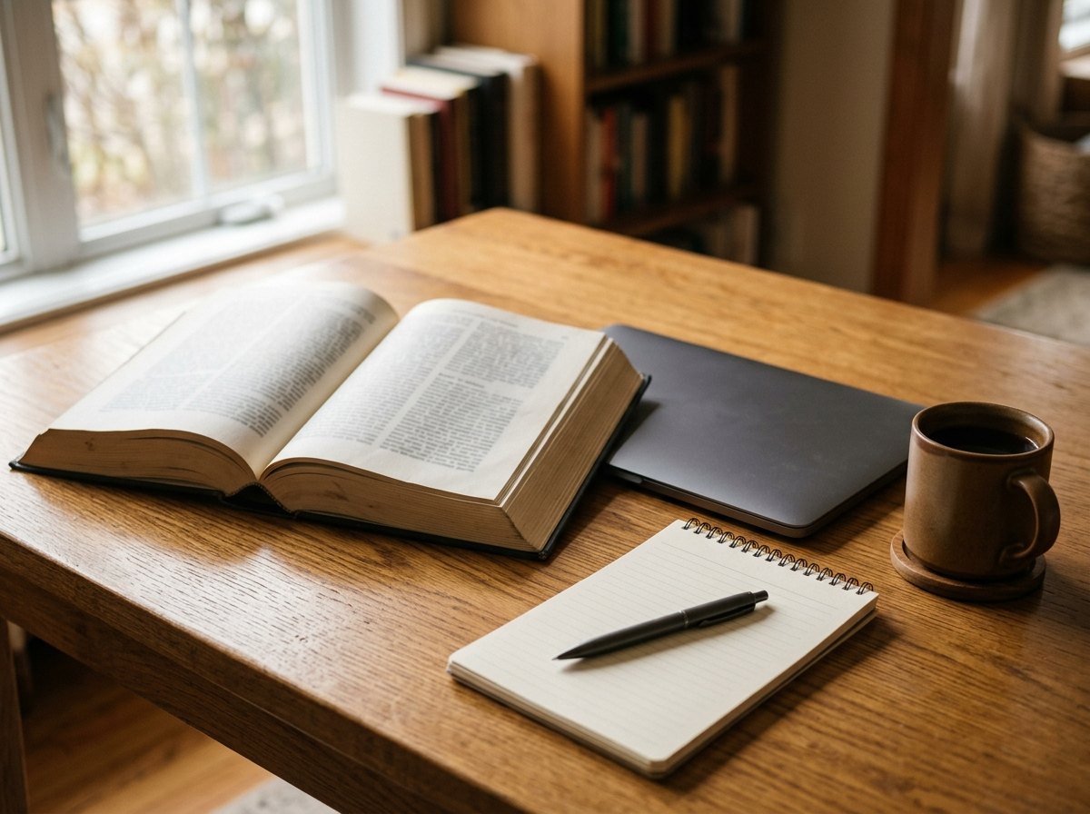 Mesa de estudo com livro grosso aberto ao lado de notebook fechado, bloco de anotacoes e xicara de cafe