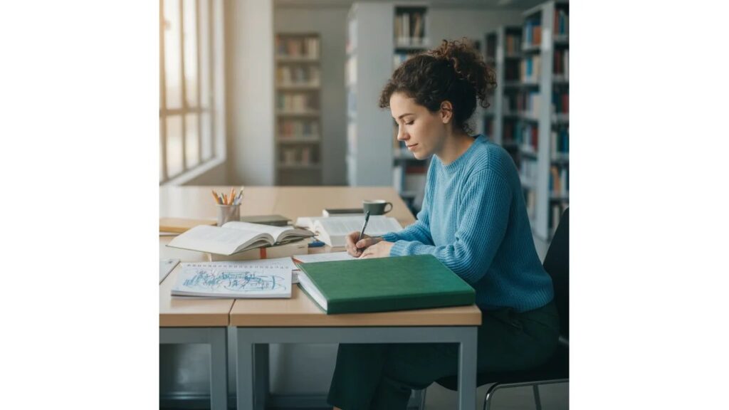 Estudante de Pedagogia estruturando portfólio individual práticas pedagógicas em biblioteca universitária com livros e anotações