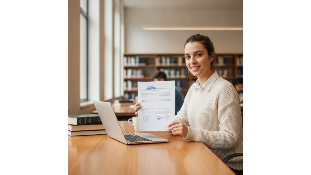 Estudante universitária segurando documento de Como Fazer o Pré-Projeto do TCC com checkmarks verdes em biblioteca moderna, representando sucesso e confiança acadêmica
